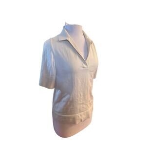 Women XS COS Collared Cream White Short Slv Sweater Top Shirt Cotton Notch Neck